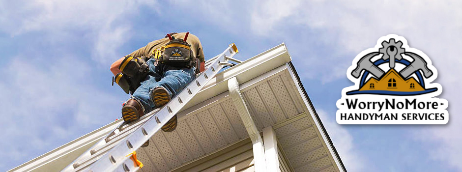Roof Repair by Professional Handyman on Ladder Handyman working on a roof using a ladder for home repairs